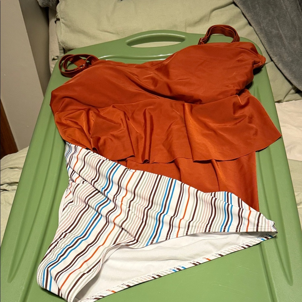 Orange and Striped One-Piece Swimsuit